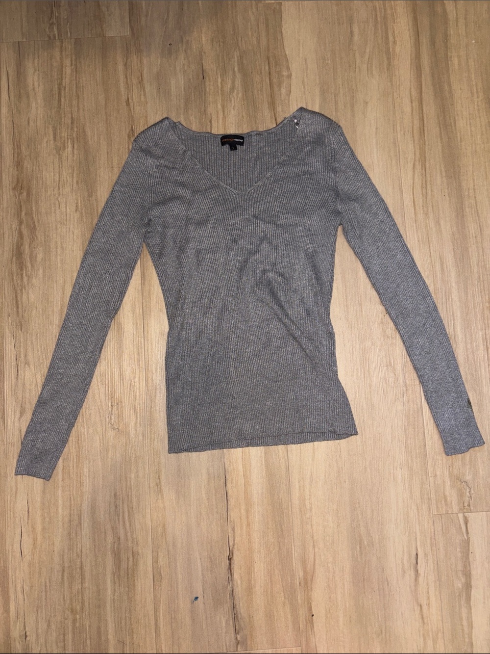 Ambiance Gray Ribbed V-Neck Long Sleeve Top